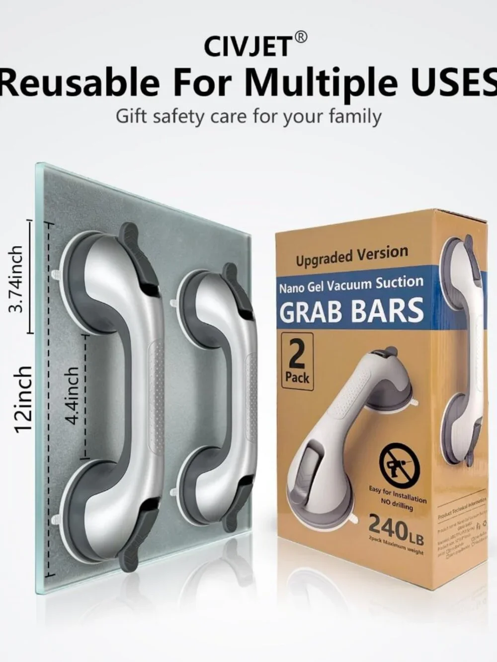2 Pack Suction Cup Shower Grab Bars for Safety, Bathtub Handles for Seniors